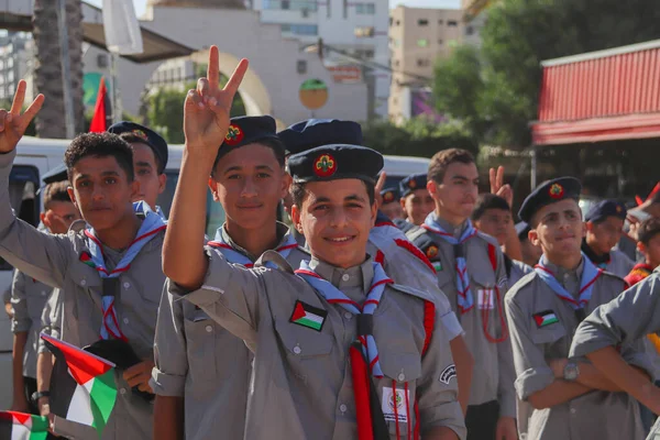Palestinské Děti Účastní Průzkumného Pochodu Příležitosti Výročí Izraelského Stažení Gazy — Stock fotografie