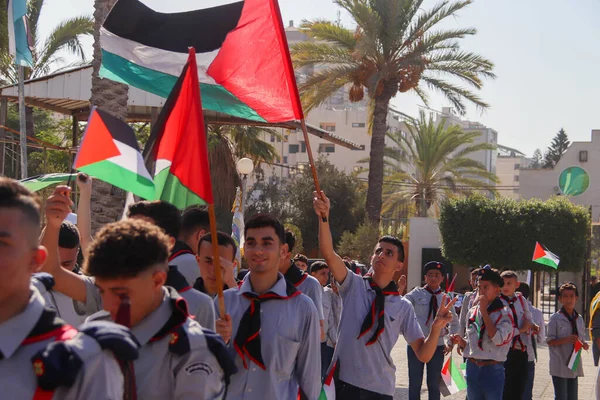 Des Enfants Palestiniens Participent Une Marche Scoute Marquant Anniversaire Désengagement — Photo