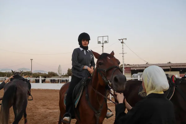 在围困下推进其梦想的巴勒斯坦妇女从其马匹中获得了荣耀 每一匹马的故事都有一个关于Salwa的梦2023年9月12日 巴勒斯坦 故事一开始 胜利的力量和奋斗 — 图库照片