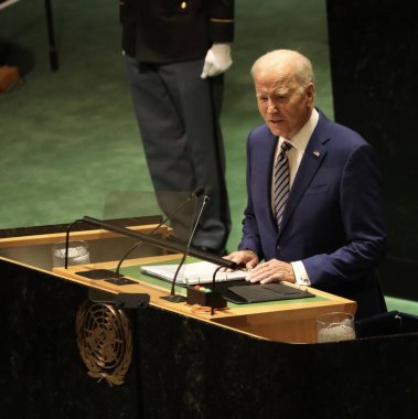 New York 'taki BM 78. GA' da Biden konuşuyor. 19 Eylül 2023, New York, ABD: ABD Başkanı Joe Biden, New York 'taki Birleşmiş Milletler Genel Kurulu' nun 78. oturumunda konuşma yaptı.. 