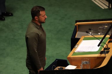 Ukrayna Cumhurbaşkanı Volodymyr Zelensky New York 'taki BM 78. GA' da. 19 Eylül 2023, New York, ABD: Ukrayna Başkanı Volodymyr Zelenskyy, New York 'taki Birleşmiş Milletler Genel Kurulu' nun 78. oturumunda konuşma yaptı.. 