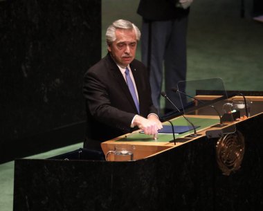 Arjantin Başkanı Alberto Fernandez, New York 'taki BM 78. GY' de konuşma yapıyor. 19 Eylül 2023, New York, ABD: Arjantin Başkanı Alberto Fernandez, New York 'taki Birleşmiş Milletler Genel Kurulu' nun 78.. 