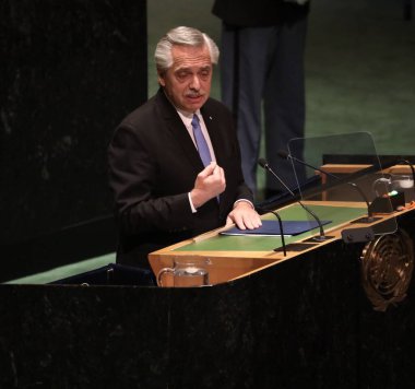 Arjantin Başkanı Alberto Fernandez, New York 'taki BM 78. GY' de konuşma yapıyor. 19 Eylül 2023, New York, ABD: Arjantin Başkanı Alberto Fernandez, New York 'taki Birleşmiş Milletler Genel Kurulu' nun 78.. 