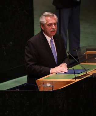 Arjantin Başkanı Alberto Fernandez, New York 'taki BM 78. GY' de konuşma yapıyor. 19 Eylül 2023, New York, ABD: Arjantin Başkanı Alberto Fernandez, New York 'taki Birleşmiş Milletler Genel Kurulu' nun 78.. 