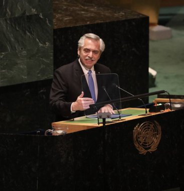 Arjantin Başkanı Alberto Fernandez, New York 'taki BM 78. GY' de konuşma yapıyor. 19 Eylül 2023, New York, ABD: Arjantin Başkanı Alberto Fernandez, New York 'taki Birleşmiş Milletler Genel Kurulu' nun 78.. 