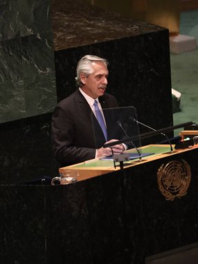 Arjantin Başkanı Alberto Fernandez, New York 'taki BM 78. GY' de konuşma yapıyor. 19 Eylül 2023, New York, ABD: Arjantin Başkanı Alberto Fernandez, New York 'taki Birleşmiş Milletler Genel Kurulu' nun 78.. 