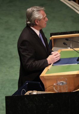 Arjantin Başkanı Alberto Fernandez, New York 'taki BM 78. GY' de konuşma yapıyor. 19 Eylül 2023, New York, ABD: Arjantin Başkanı Alberto Fernandez, New York 'taki Birleşmiş Milletler Genel Kurulu' nun 78.. 