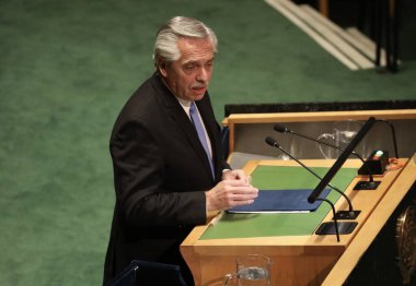 Arjantin Başkanı Alberto Fernandez, New York 'taki BM 78. GY' de konuşma yapıyor. 19 Eylül 2023, New York, ABD: Arjantin Başkanı Alberto Fernandez, New York 'taki Birleşmiş Milletler Genel Kurulu' nun 78.. 