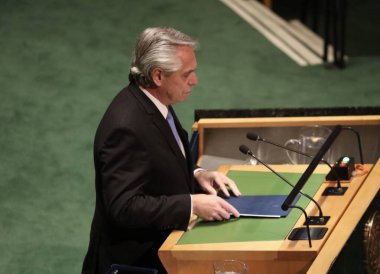 Arjantin Başkanı Alberto Fernandez, New York 'taki BM 78. GY' de konuşma yapıyor. 19 Eylül 2023, New York, ABD: Arjantin Başkanı Alberto Fernandez, New York 'taki Birleşmiş Milletler Genel Kurulu' nun 78.. 