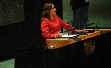 Peru Cumhurbaşkanı Dina Ercilia Boluarte Zegarra, New York 'taki BM 78. GA' da konuşma yapıyor. 19 Eylül 2023, New York, ABD: Peru Başkanı, ilk kadın Cumhurbaşkanı, Dina Ercilia Boluarte Zegarra, Birleşmiş Milletler 'in 78.