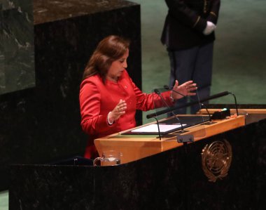 Peru Cumhurbaşkanı Dina Ercilia Boluarte Zegarra, New York 'taki BM 78. GA' da konuşma yapıyor. 19 Eylül 2023, New York, ABD: Peru Başkanı, ilk kadın Cumhurbaşkanı, Dina Ercilia Boluarte Zegarra, Birleşmiş Milletler 'in 78.