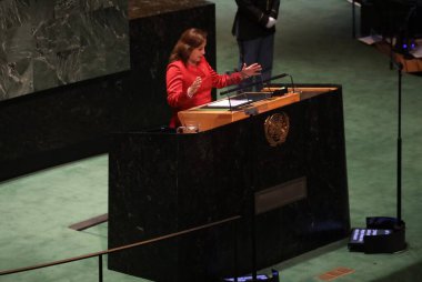 Peru Cumhurbaşkanı Dina Ercilia Boluarte Zegarra, New York 'taki BM 78. GA' da konuşma yapıyor. 19 Eylül 2023, New York, ABD: Peru Başkanı, ilk kadın Cumhurbaşkanı, Dina Ercilia Boluarte Zegarra, Birleşmiş Milletler 'in 78.