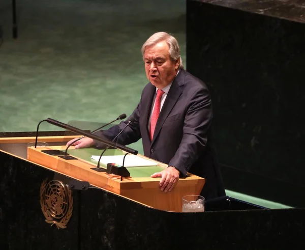 stock image Antonio Guterres & Dennis Francis Speak at UN 78th GA in New York. September 19, 2023, New York, USA: The UN Secretary General, Antonio Guterres and President of the General Assembly Dennis Francis speak at the 78th session of the United Nation