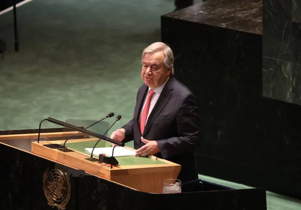 stock image Antonio Guterres & Dennis Francis Speak at UN 78th GA in New York. September 19, 2023, New York, USA: The UN Secretary General, Antonio Guterres and President of the General Assembly Dennis Francis speak at the 78th session of the United Nations