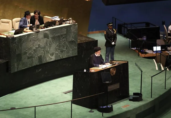 伊朗总统易卜拉欣 赖西在纽约联合国大会第78届会议上讲话 2023年9月19日 美国纽约 伊朗总统易卜拉欣 赖西在纽约联合国大会第78届会议上讲话 — 图库照片
