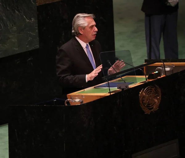 Arjantin Başkanı Alberto Fernandez New York Taki Konuşma Yapıyor Eylül — Stok fotoğraf