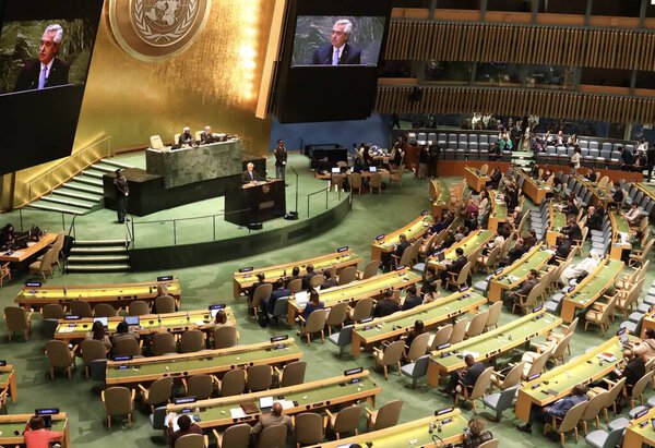 President of Argentina, Alberto Fernandez, Speaks at UN 78th GA in New York. September 19, 2023, New York, USA: The President of Argentina, Alberto Fernandez, speaks at the 78th session of the United Nations General Assembly in New York. 