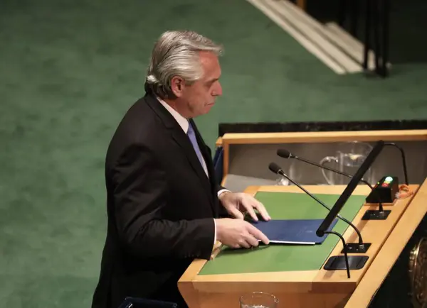 stock image President of Argentina, Alberto Fernandez, Speaks at UN 78th GA in New York. September 19, 2023, New York, USA: The President of Argentina, Alberto Fernandez, speaks at the 78th session of the United Nations General Assembly in New York. 