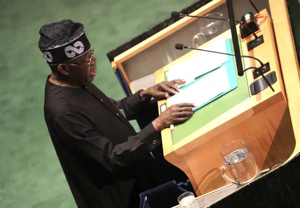 stock image President of Nigeria, Bola Ahmed Tinubu, Speaks at UN 78th GA in New York. September 19, 2023, New York, USA: The President of Nigeria, Bola Ahmed Tinubu, speaks at the 78th session of the United Nations General Assembly in New York.