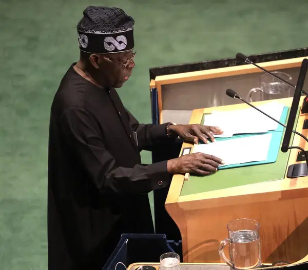 stock image President of Nigeria, Bola Ahmed Tinubu, Speaks at UN 78th GA in New York. September 19, 2023, New York, USA: The President of Nigeria, Bola Ahmed Tinubu, speaks at the 78th session of the United Nations General Assembly in New York.