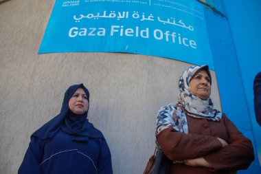 Mülteciler için Ortak Komite 'nin Gazze' deki basın toplantısı. 21 Eylül 2023, Gazze, Filistin: Filistinliler Birleşmiş Milletler Yardım ve İş Ajansı önünde düzenlenen Mülteciler Ortak Komitesi basın toplantısına katıldılar