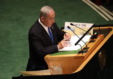 Benjamin Netanyahu İsrail Başbakanı, New York 'taki BM 78. GA' da konuşma yapıyor. 22 Eylül 2023, New York, ABD: Benjamin Netanyahu İsrail Başbakanı New York 'taki Birleşmiş Milletler Genel Kurulu' nun 78. oturumunda konuştu. 