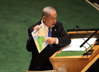 Benjamin Netanyahu İsrail Başbakanı, New York 'taki BM 78. GA' da konuşma yapıyor. 22 Eylül 2023, New York, ABD: Benjamin Netanyahu İsrail Başbakanı New York 'taki Birleşmiş Milletler Genel Kurulu' nun 78. oturumunda konuştu. 