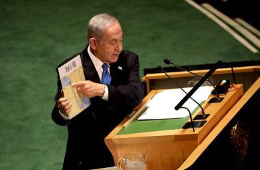 Benjamin Netanyahu İsrail Başbakanı, New York 'taki BM 78. GA' da konuşma yapıyor. 22 Eylül 2023, New York, ABD: Benjamin Netanyahu İsrail Başbakanı New York 'taki Birleşmiş Milletler Genel Kurulu' nun 78. oturumunda konuştu. 