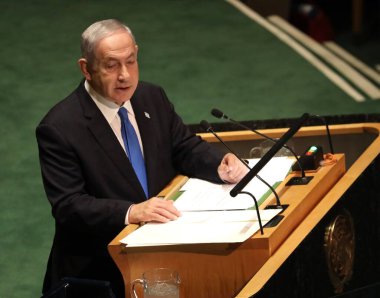 Benjamin Netanyahu İsrail Başbakanı, New York 'taki BM 78. GA' da konuşma yapıyor. 22 Eylül 2023, New York, ABD: Benjamin Netanyahu İsrail Başbakanı New York 'taki Birleşmiş Milletler Genel Kurulu' nun 78. oturumunda konuştu. 
