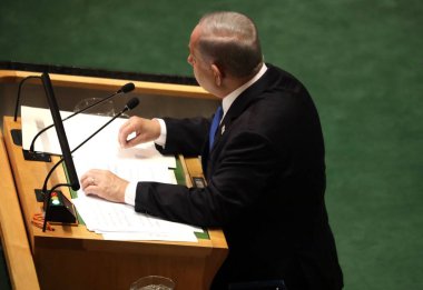 Benjamin Netanyahu İsrail Başbakanı, New York 'taki BM 78. GA' da konuşma yapıyor. 22 Eylül 2023, New York, ABD: Benjamin Netanyahu İsrail Başbakanı New York 'taki Birleşmiş Milletler Genel Kurulu' nun 78. oturumunda konuştu. 