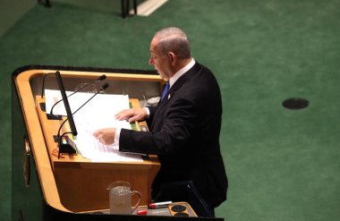 Benjamin Netanyahu İsrail Başbakanı, New York 'taki BM 78. GA' da konuşma yapıyor. 22 Eylül 2023, New York, ABD: Benjamin Netanyahu İsrail Başbakanı New York 'taki Birleşmiş Milletler Genel Kurulu' nun 78. oturumunda konuştu. 