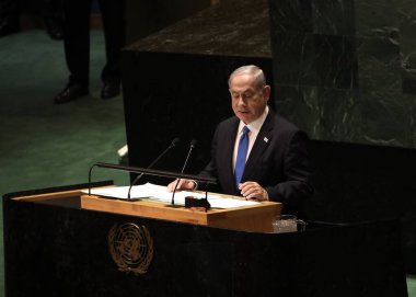 Benjamin Netanyahu İsrail Başbakanı, New York 'taki BM 78. GA' da konuşma yapıyor. 22 Eylül 2023, New York, ABD: Benjamin Netanyahu İsrail Başbakanı New York 'taki Birleşmiş Milletler Genel Kurulu' nun 78. oturumunda konuştu. 
