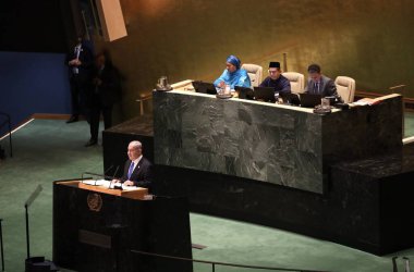 Benjamin Netanyahu İsrail Başbakanı, New York 'taki BM 78. GA' da konuşma yapıyor. 22 Eylül 2023, New York, ABD: Benjamin Netanyahu İsrail Başbakanı New York 'taki Birleşmiş Milletler Genel Kurulu' nun 78. oturumunda konuştu. 