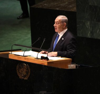 Benjamin Netanyahu İsrail Başbakanı, New York 'taki BM 78. GA' da konuşma yapıyor. 22 Eylül 2023, New York, ABD: Benjamin Netanyahu İsrail Başbakanı New York 'taki Birleşmiş Milletler Genel Kurulu' nun 78. oturumunda konuştu. 