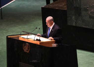 Benjamin Netanyahu İsrail Başbakanı, New York 'taki BM 78. GA' da konuşma yapıyor. 22 Eylül 2023, New York, ABD: Benjamin Netanyahu İsrail Başbakanı New York 'taki Birleşmiş Milletler Genel Kurulu' nun 78. oturumunda konuştu. 
