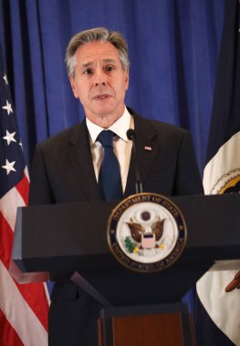 ABD Dışişleri Bakanı Blinken 'in New York' taki basın toplantısı. 22 Eylül 2023, New York, ABD: ABD Dışişleri Bakanı Anthony J. Blinken, Birleşmiş Milletler 78. Genel Kurulu 'nda Lotte Palace Otel Reid Odası' nda basın toplantısı düzenledi.