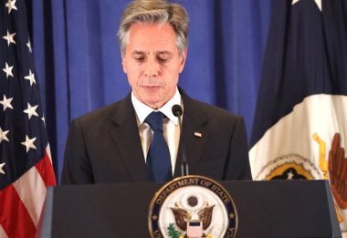 ABD Dışişleri Bakanı Blinken 'in New York' taki basın toplantısı. 22 Eylül 2023, New York, ABD: ABD Dışişleri Bakanı Anthony J. Blinken, Birleşmiş Milletler 78. Genel Kurulu 'nda Lotte Palace Otel Reid Odası' nda basın toplantısı düzenledi.