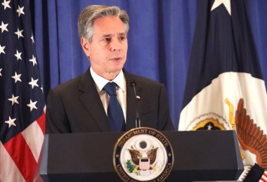 ABD Dışişleri Bakanı Blinken 'in New York' taki basın toplantısı. 22 Eylül 2023, New York, ABD: ABD Dışişleri Bakanı Anthony J. Blinken, Birleşmiş Milletler 78. Genel Kurulu 'nda Lotte Palace Otel Reid Odası' nda basın toplantısı düzenledi.