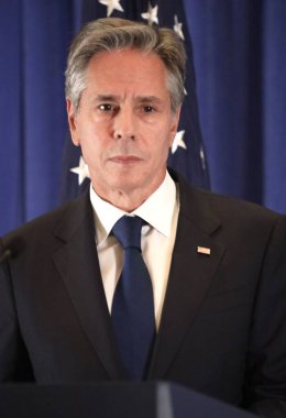 ABD Dışişleri Bakanı Blinken 'in New York' taki basın toplantısı. 22 Eylül 2023, New York, ABD: ABD Dışişleri Bakanı Anthony J. Blinken, Birleşmiş Milletler 78. Genel Kurulu 'nda Lotte Palace Otel Reid Odası' nda basın toplantısı düzenledi.