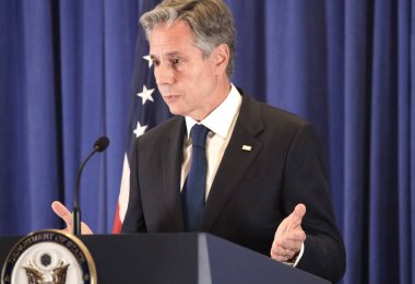 ABD Dışişleri Bakanı Blinken 'in New York' taki basın toplantısı. 22 Eylül 2023, New York, ABD: ABD Dışişleri Bakanı Anthony J. Blinken, Birleşmiş Milletler 78. Genel Kurulu 'nda Lotte Palace Otel Reid Odası' nda basın toplantısı düzenledi.