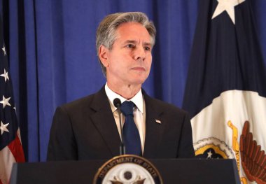 ABD Dışişleri Bakanı Blinken 'in New York' taki basın toplantısı. 22 Eylül 2023, New York, ABD: ABD Dışişleri Bakanı Anthony J. Blinken, Birleşmiş Milletler 78. Genel Kurulu 'nda Lotte Palace Otel Reid Odası' nda basın toplantısı düzenledi.