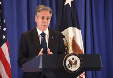 ABD Dışişleri Bakanı Blinken 'in New York' taki basın toplantısı. 22 Eylül 2023, New York, ABD: ABD Dışişleri Bakanı Anthony J. Blinken, Birleşmiş Milletler 78. Genel Kurulu 'nda Lotte Palace Otel Reid Odası' nda basın toplantısı düzenledi.