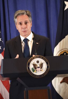 ABD Dışişleri Bakanı Blinken 'in New York' taki basın toplantısı. 22 Eylül 2023, New York, ABD: ABD Dışişleri Bakanı Anthony J. Blinken, Birleşmiş Milletler 78. Genel Kurulu 'nda Lotte Palace Otel Reid Odası' nda basın toplantısı düzenledi.