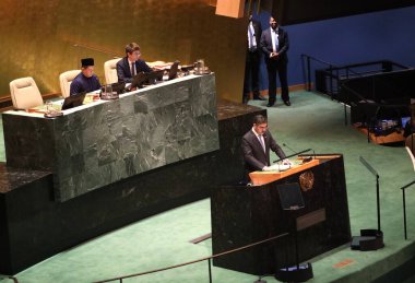 Anwaar-ul-Haq Kakar Pakistan Başbakanı, New York 'ta BM 78. GA' da konuşuyor. 22 Eylül 2023, New York, ABD: Pakistan Başbakanı Anwaar-ul-Haq Kakar, New York 'taki Birleşmiş Milletler Genel Kurulu' nun 78. oturumunda konuştu..