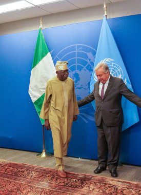 BM Genel Sekreteri Antonio Guterres ile Nijerya Cumhurbaşkanı Bola Ahmed Tinubu.20, 2023, New York, ABD: BM Genel Sekreteri Antonio Guterres ve Nijerya Cumhurbaşkanı Bola Ahmed Tinubu arasında görüşme 