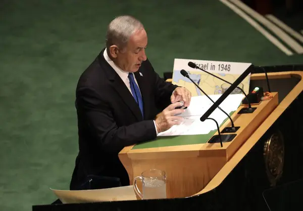 Benjamin Netanyahu Primer Ministro Israel Habla 78ª Asamblea General Onu — Foto de Stock