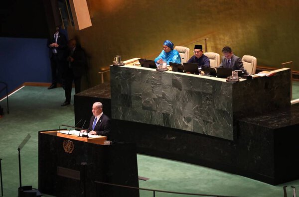 Benjamin Netanyahu Prime Minister of Israel, Speaks at UN 78th GA in New York. September 22, 2023, New York, USA: Benjamin Netanyahu Prime Minister of Israel speaks at the 78th session of the United Nations General Assembly in New York. 