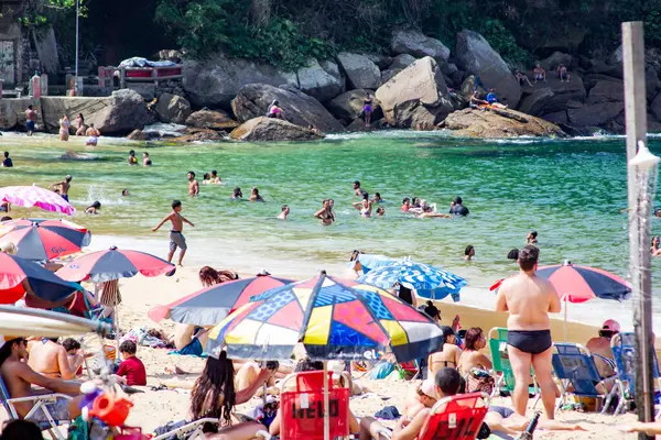 Rio de Janeiro (RJ) Brezilya 09 / 25 / 2023 - Bu Pazartesi (25) Rio de Janeiro 'nun güneyindeki Vermelha plajında havuz temizleme hareketi) 