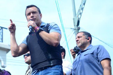 Cristo Del Teselli Bölgesi 'nde Daniel Noboas Basın Konferansı. 09 Ekim 2023, Guayaquil, Ekvador: Ekvador Cumhurbaşkanlığı adayı seçim kampanyası sırasında Kristo del Teselli sektöründe bir konuşma yaptı