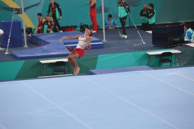 Santiago (ŞİLİ), 10 / 18 / 2023 Erkekler Sanatsal Jimnastik Serbest Eğitimi Ulusal Stadyumdaki Kolektif Spor Merkezi 'nde, bu Çarşamba, 18 Ekim 2023. 